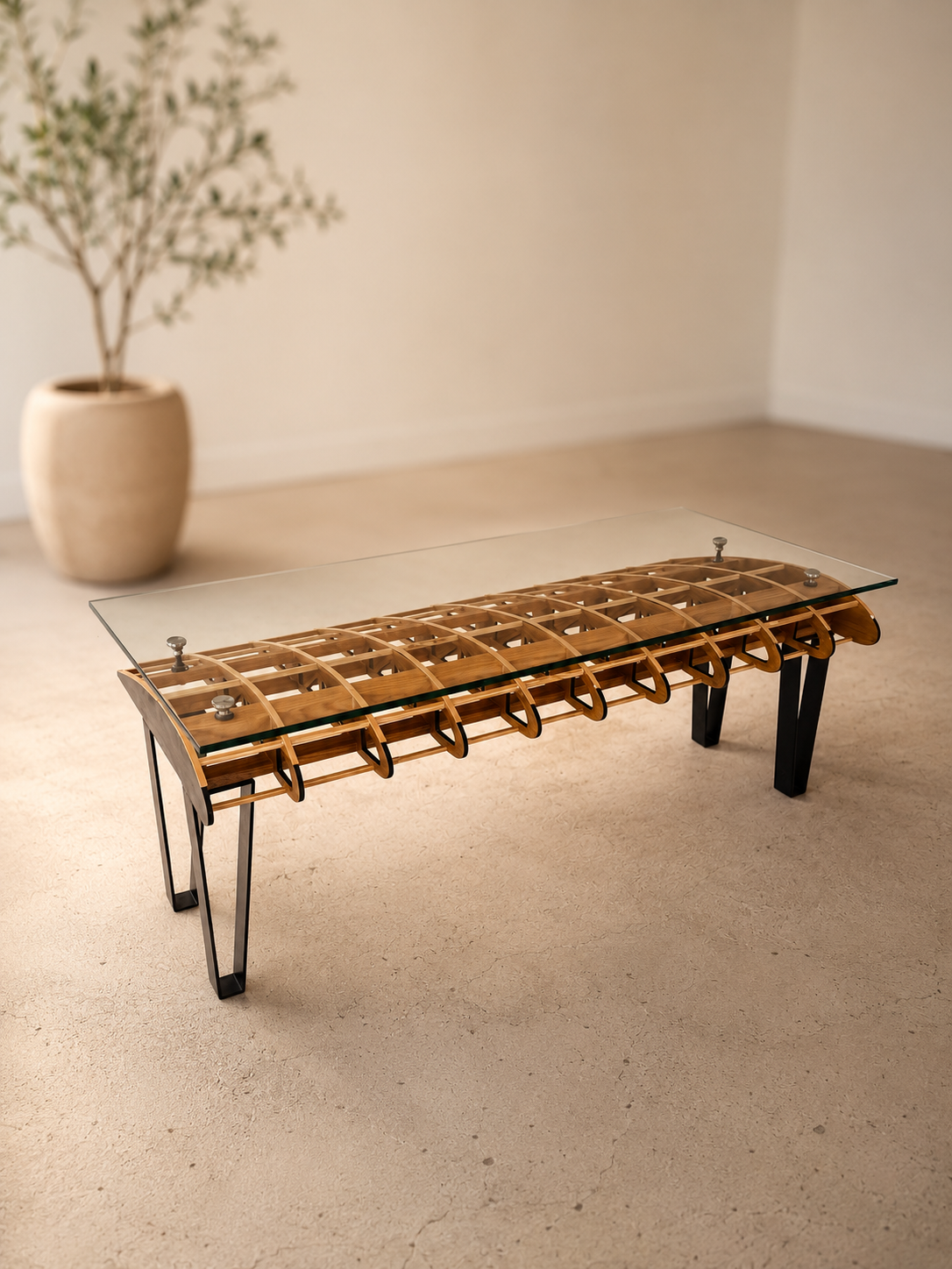 Flightline Furniture Short Final wing
                         rib coffee table — full piece, left side view — red oak and tempered glass — Corvallis Oregon