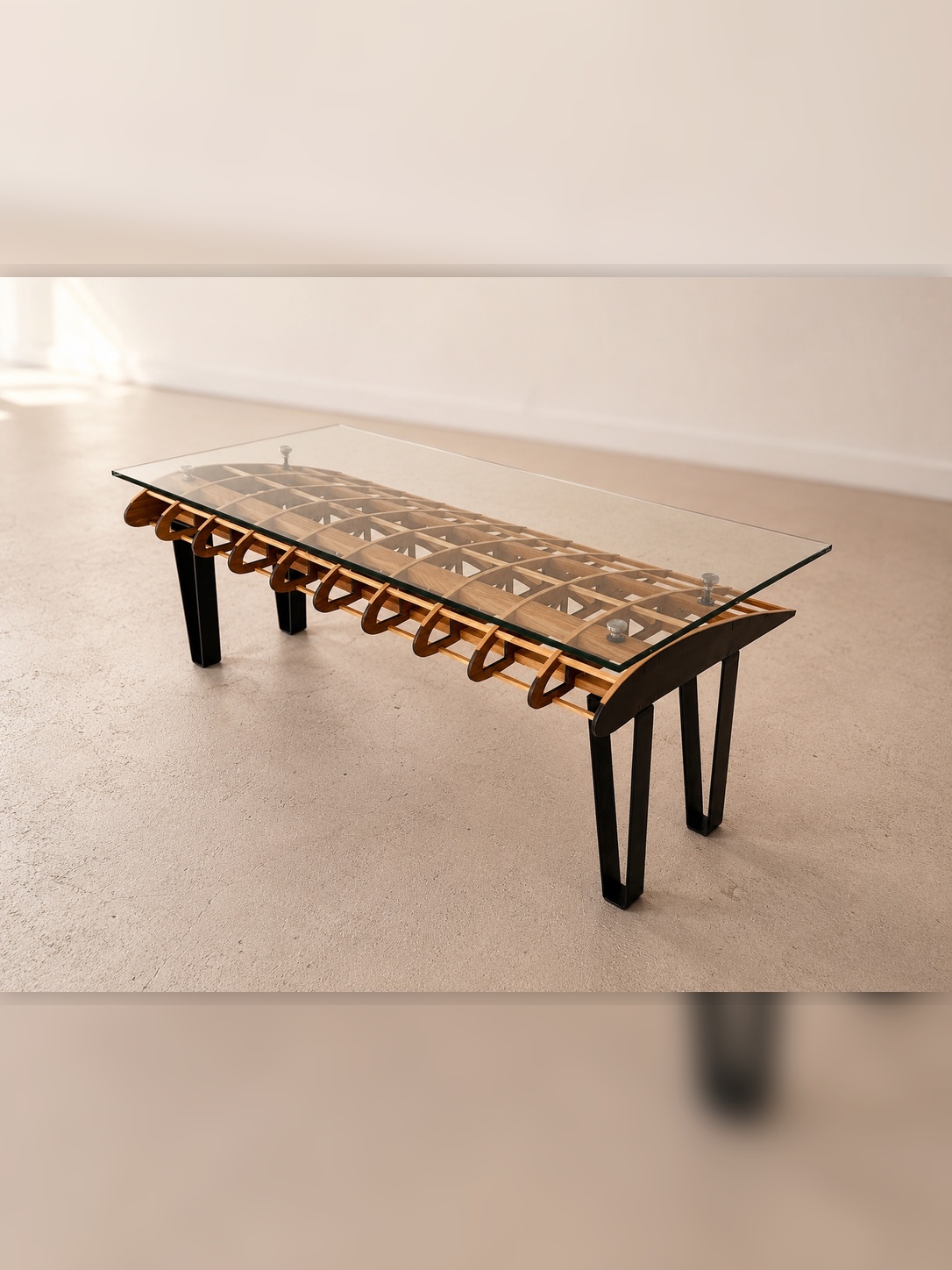 Flightline Furniture Short
                      Final wing rib coffee table — overhead right angle showing full rib geometry and tempered glass
                      — Corvallis Oregon