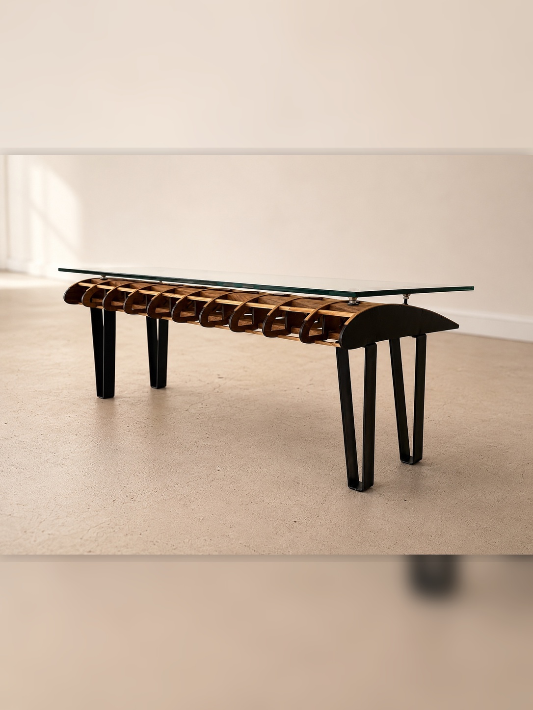 Flightline Furniture Short
                      Final wing rib coffee table — straight on table-level view showing steel hairpin legs and rib
                      profile — Corvallis Oregon