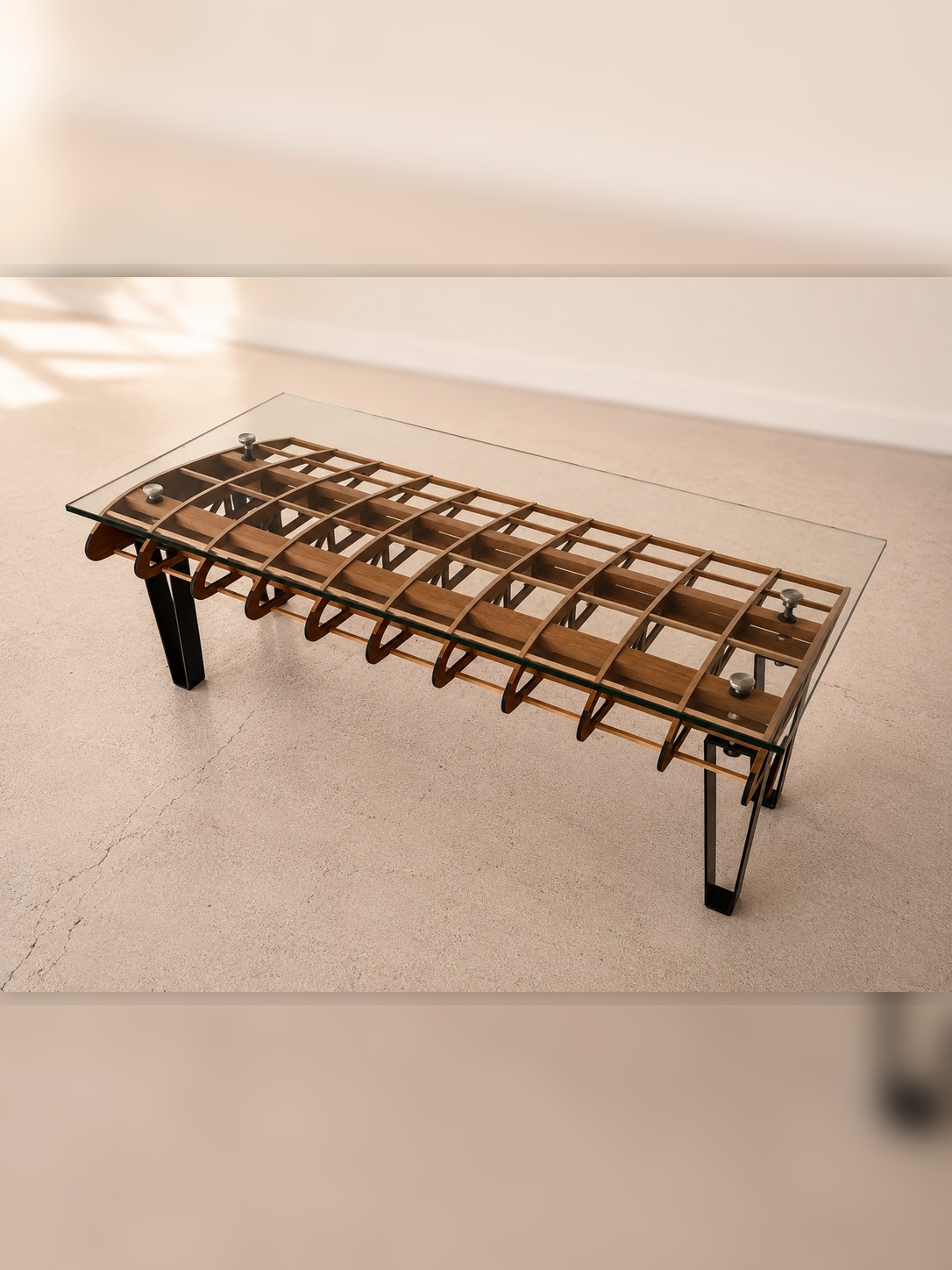 Flightline Furniture Short
                      Final wing rib coffee table — top right angle showing wing rib geometry beneath tempered glass
                      — Corvallis Oregon