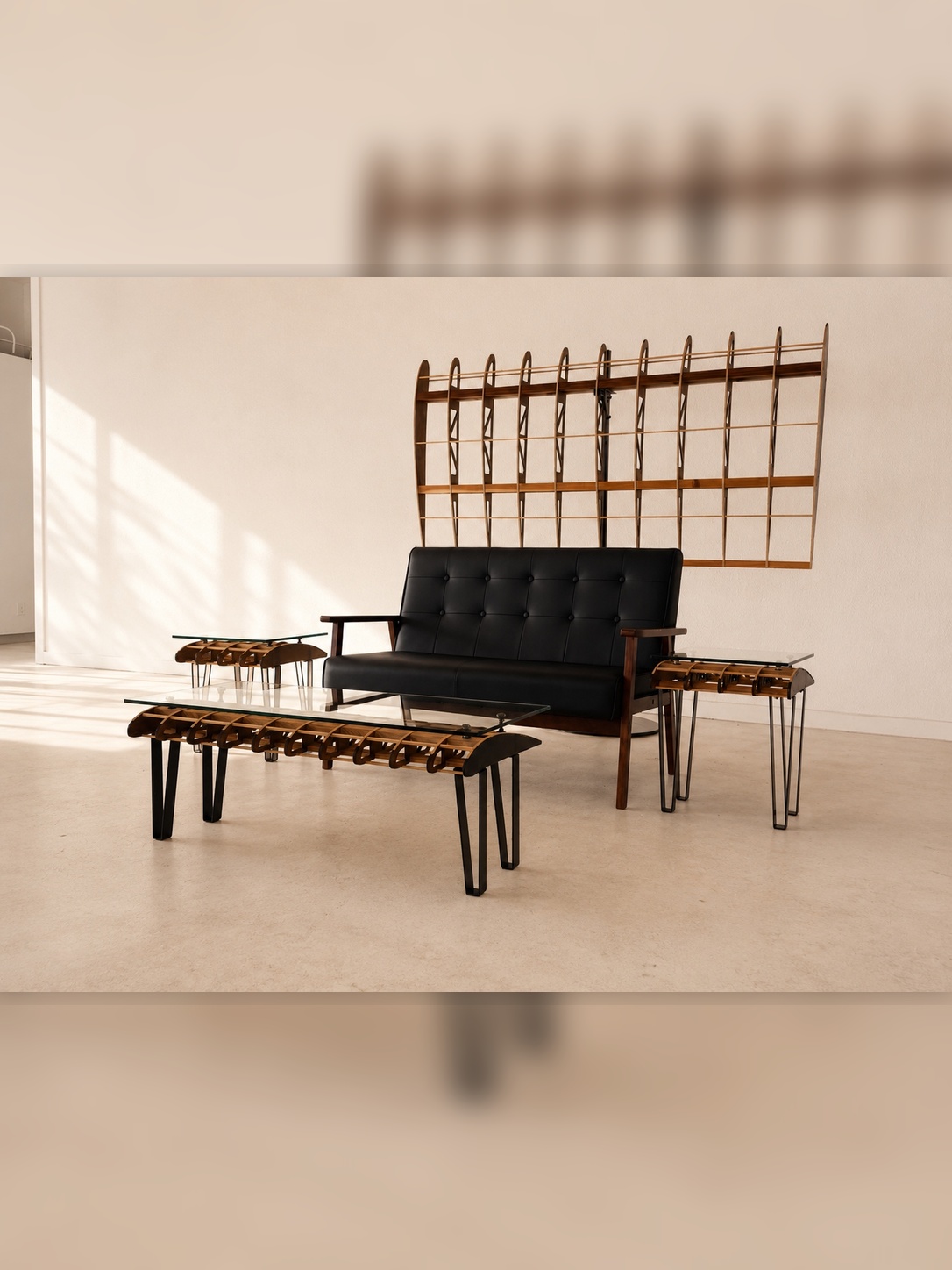Flightline Furniture Side Slip
                      wing rib accent table — right side view styled with black sofa and Main Wing wall art — full
                      Flightline collection — Corvallis Oregon