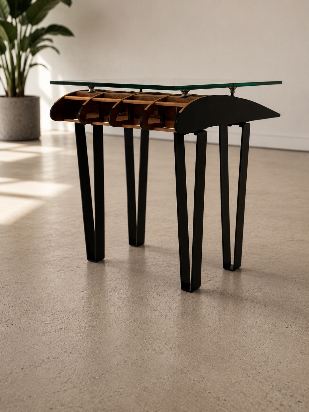 Flightline Furniture Side Slip wing rib
                  accent table — straight on right side view — red oak and tempered glass — Corvallis Oregon