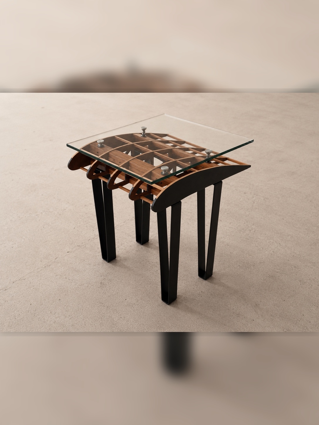 Flightline Furniture Side Slip
                      wing rib accent table — top right angle showing tempered glass and wing rib structure —
                      Corvallis Oregon