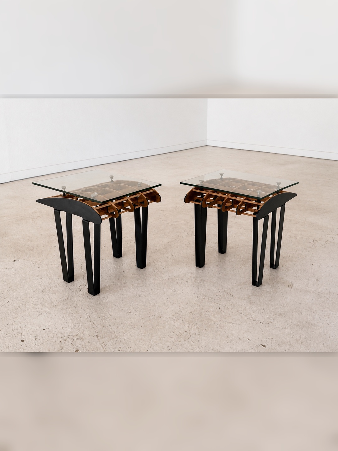 Flightline Furniture Side Slip
                      wing rib accent tables — two tables in L-shaped arrangement — left side view — Corvallis Oregon