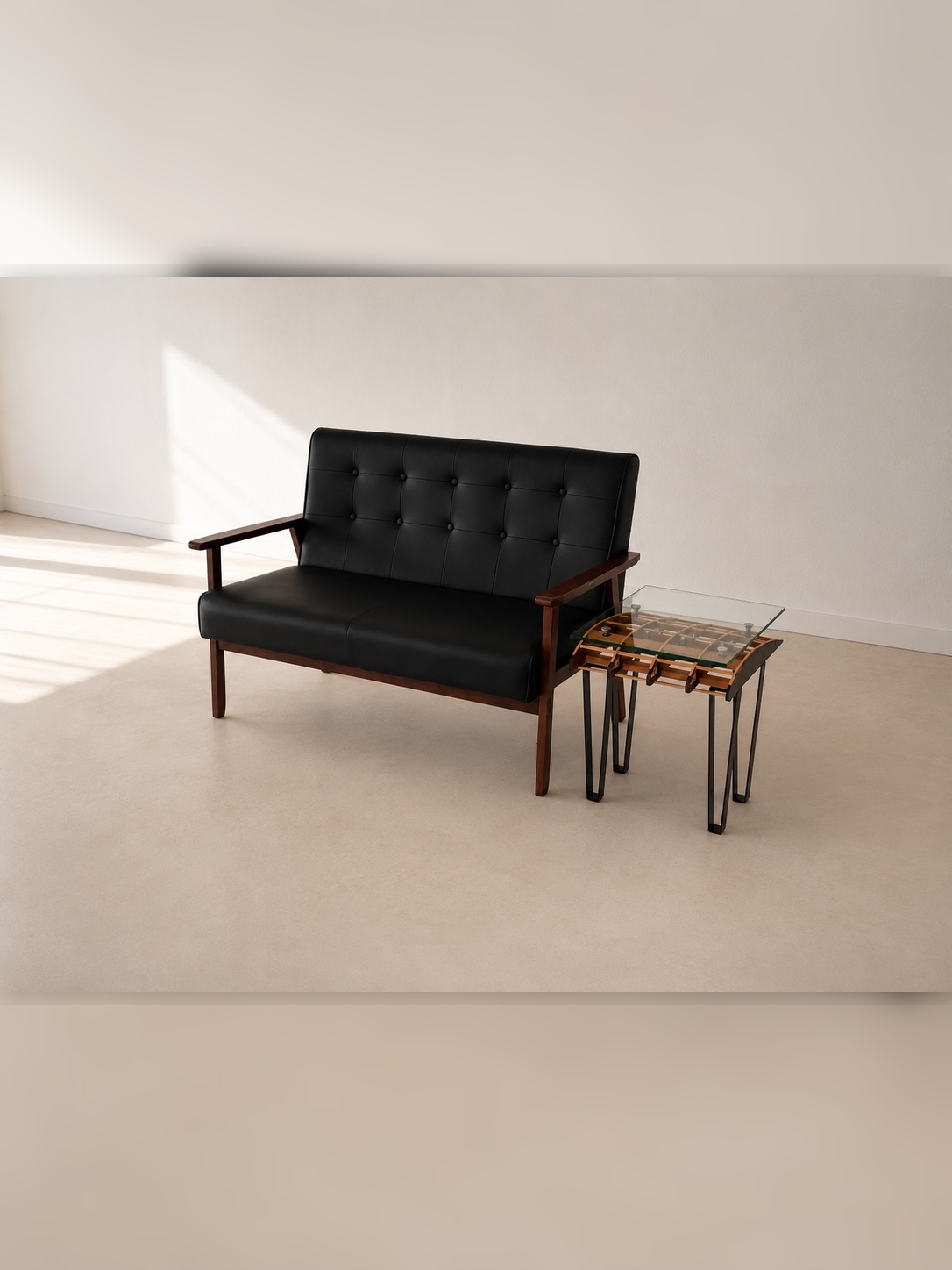 Flightline Furniture Side Slip
                      wing rib accent table — right side view styled with black sofa — Corvallis Oregon